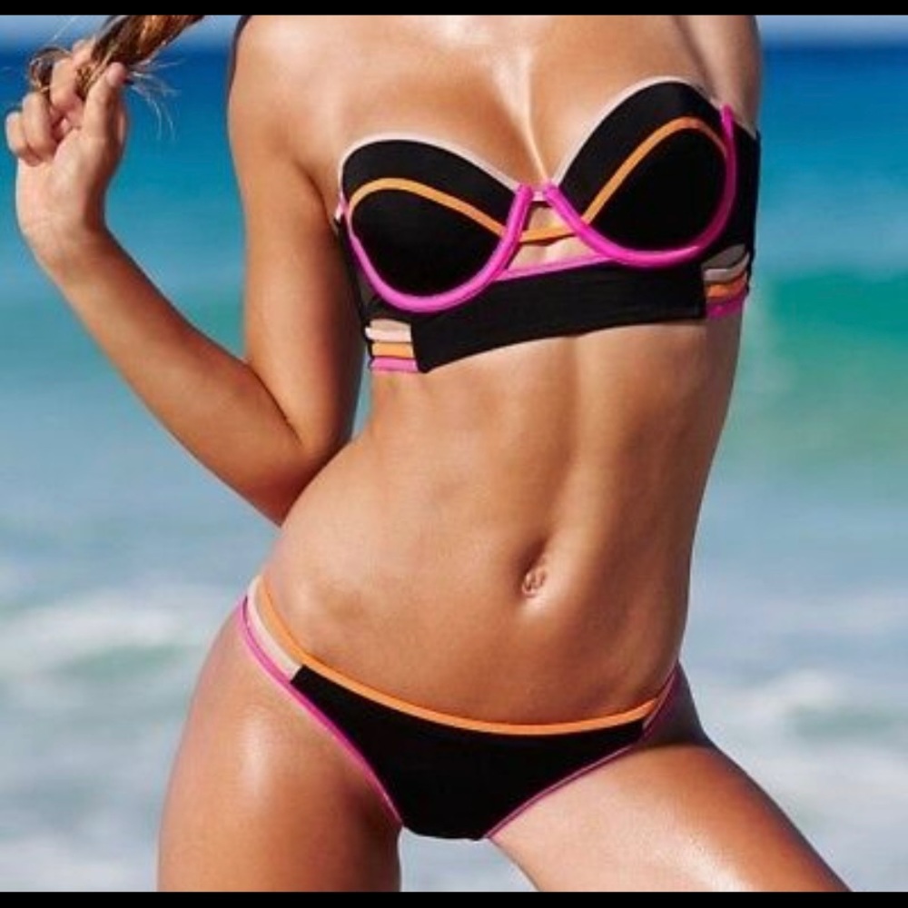 Victoria's Secret Bikini Swim Top Bandeau Color Block Neon Orange Pink Black